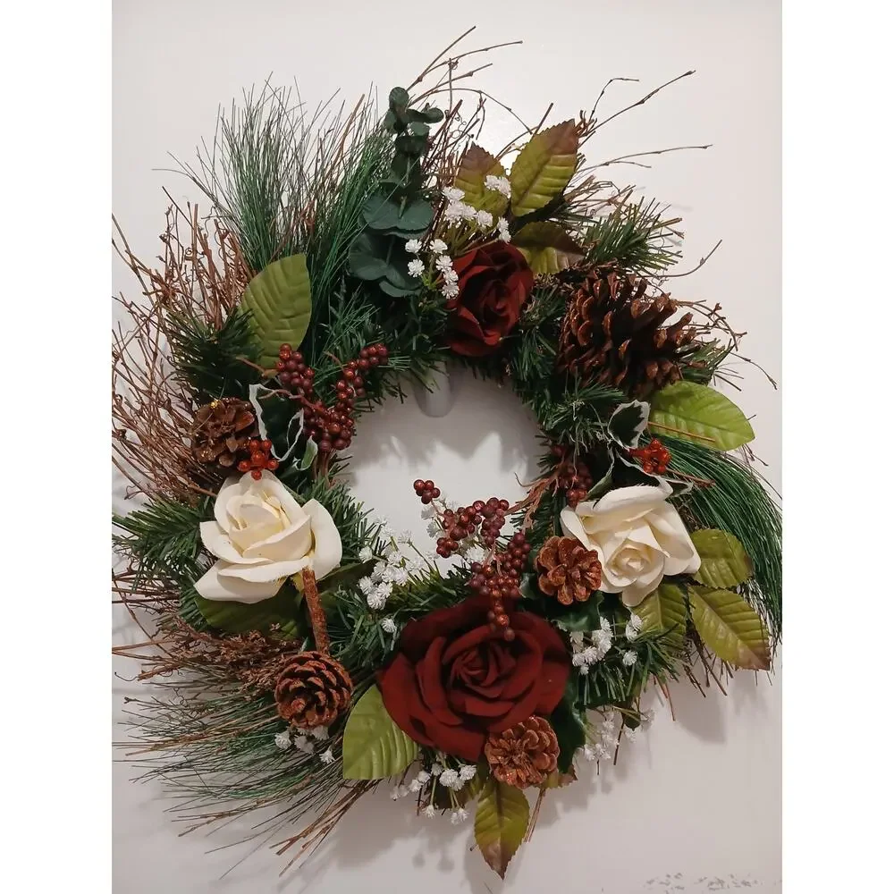 Winter Door Wreath Elegant Victorian ROSES Holiday Decor Christmas Arrangement‎